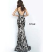 Back view of model wearing Jovani 3263 black and gunmetal mermaid dress