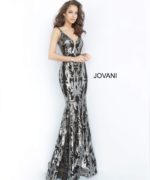 Model wearing Jovani 3263 black and gunmetal mermaid dress with V-neckline