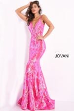 model wearing Jovani 3263 dress in hot pink full length