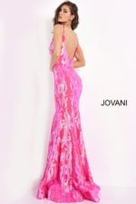 model wearing Jovani 3263 dress in hot pink back view