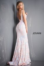 Back view of Jovani 3263 light pink mermaid gown with a deep V-back