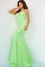 model wearing Jovani 3263 dress in green full length