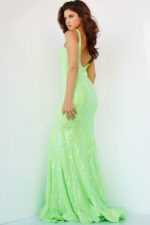 Back view of Jovani 3263 neon green mermaid gown showing deep V-back