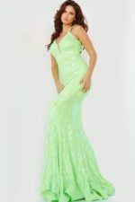 model wearing Jovani 3263 dress in green front view