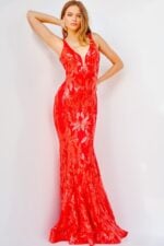 Model wearing Jovani 3263 red mermaid gown with sequin florals