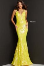 model wearing Jovani 3263 dress in yellow front view