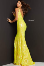 model wearing Jovani 3263 dress in yellow back view