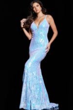 Model wearing Jovani 3263 light blue mermaid dress with plunging V-neckline