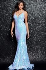 Model wearing Jovani 3263 light blue mermaid dress with sequined pattern