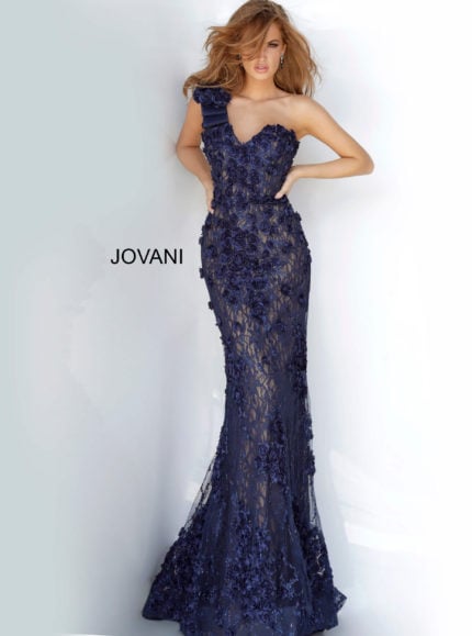 Model wearing Jovani 3375 navy evening gown with floral lace and mermaid silhouette, front view.