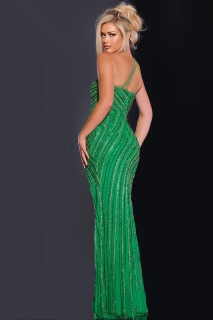 Back view of Jovani 34010 green gown with sequin details