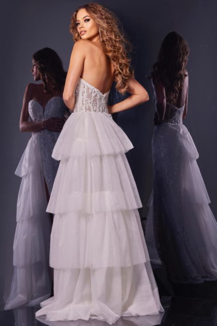 Back view of Jovani 34390 dress, featuring tiered skirt detail in elegant white.