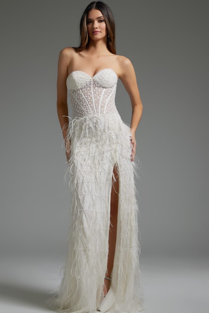 Model wearing Off White Feather Embellished Wedding Dress 36362