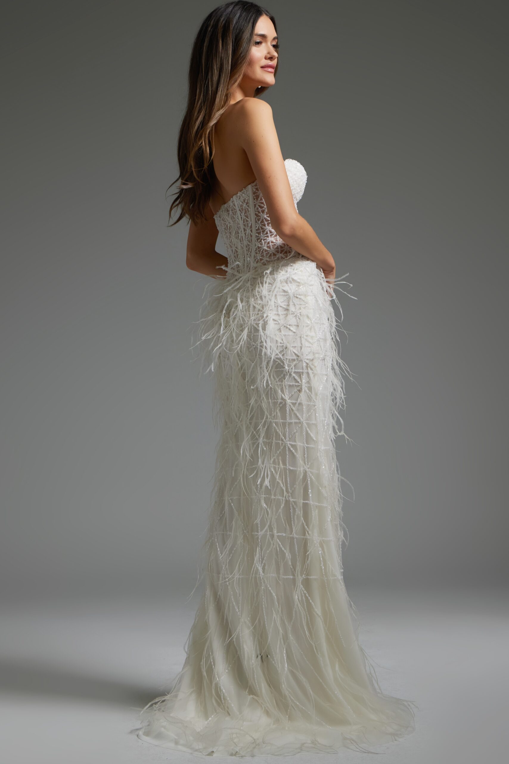 Off White Feather Embellished Wedding Dress 36362