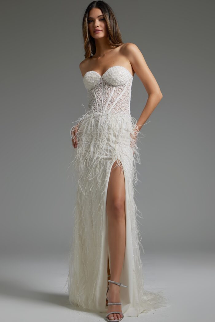 Model wearing Off White Feather Embellished Wedding Dress 36362