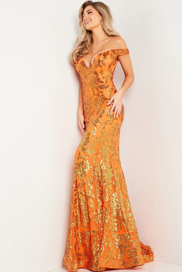 Model wearing Orange Beaded Mermaid Dress 36370