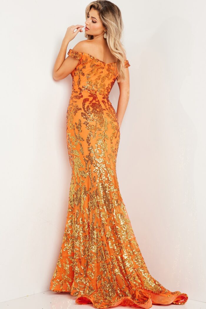 Model wearing Orange Beaded Mermaid Dress 36370