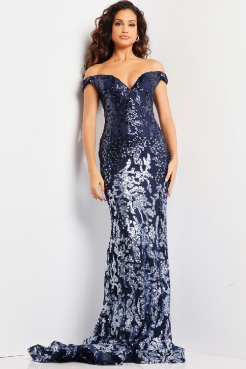 Model wearing Blue Beaded Mermaid Prom Dress 36370