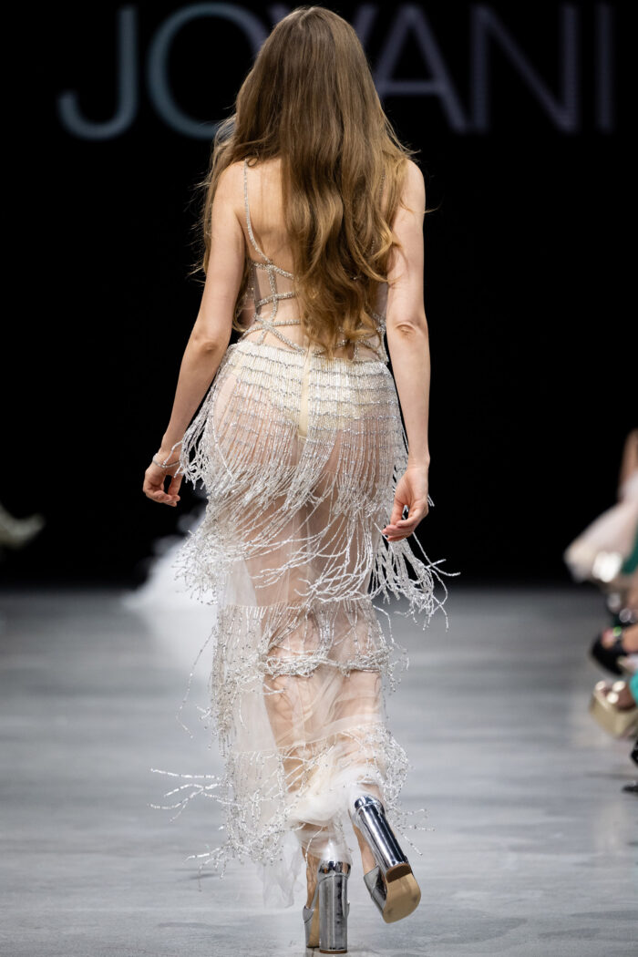 Model wearing Silver Fringe Sheer Couture Dress 36423