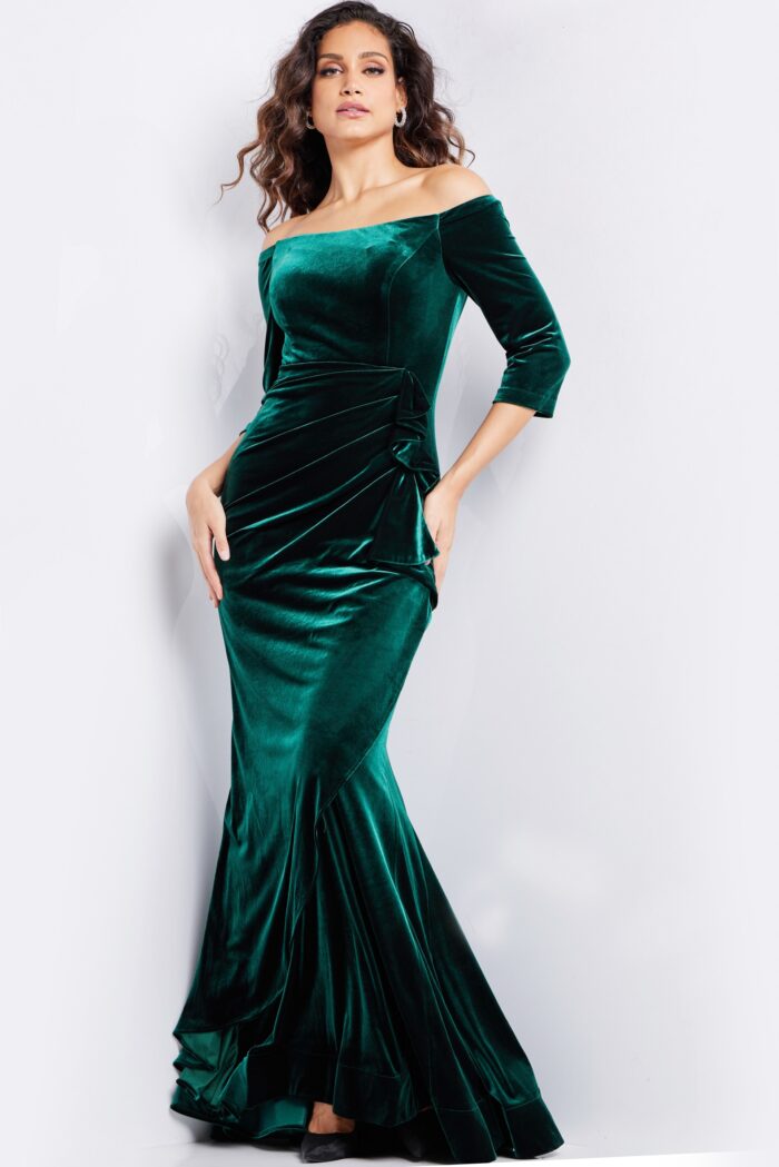 Model wearing Emerald Three Quarter Sleeve Velvet Dress 36458