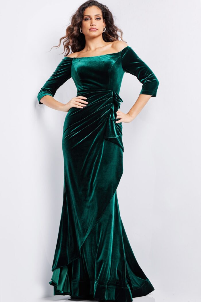 Model wearing Emerald Three Quarter Sleeve Velvet Dress 36458
