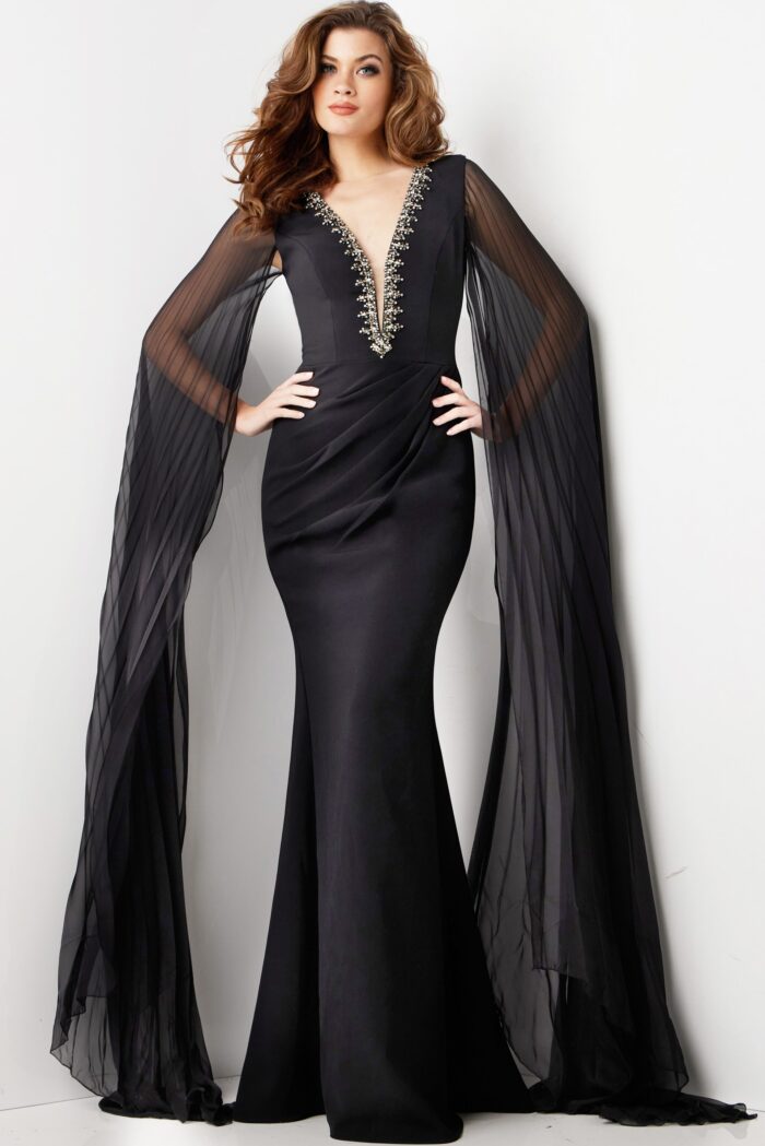 Model wearing Black Low Embellished V Nek Sheath Gown 36473