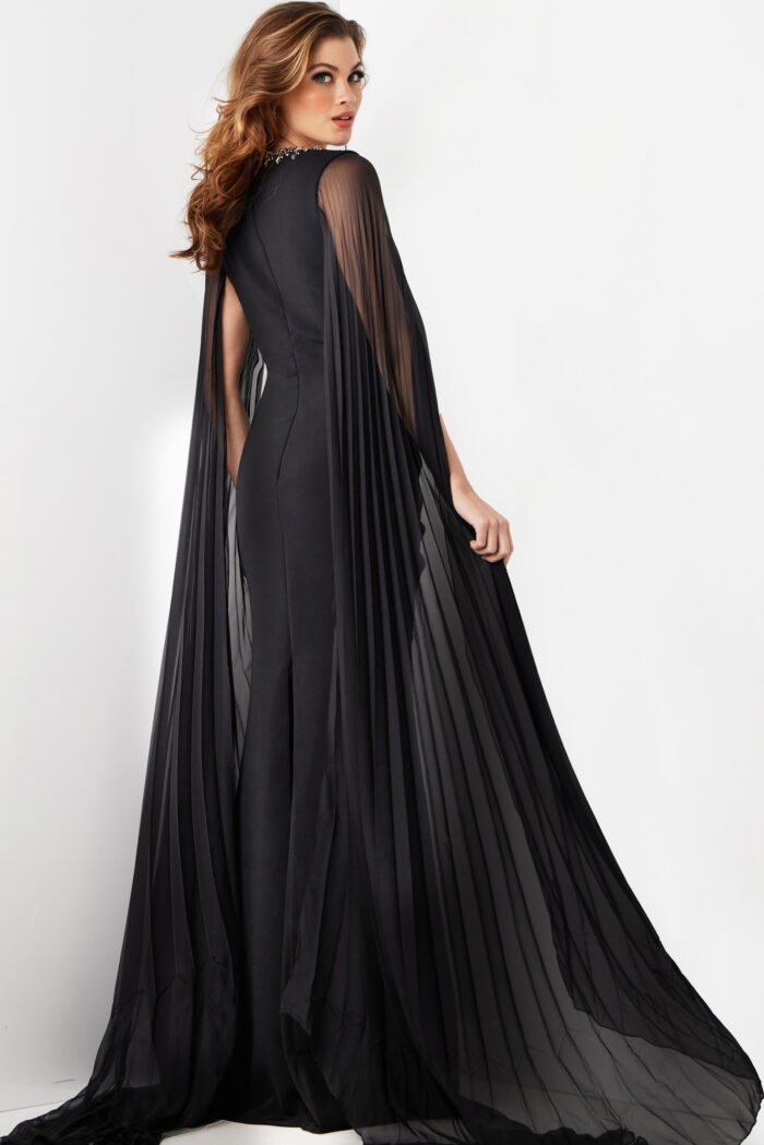 Model wearing Black Low Embellished V Nek Sheath Gown 36473