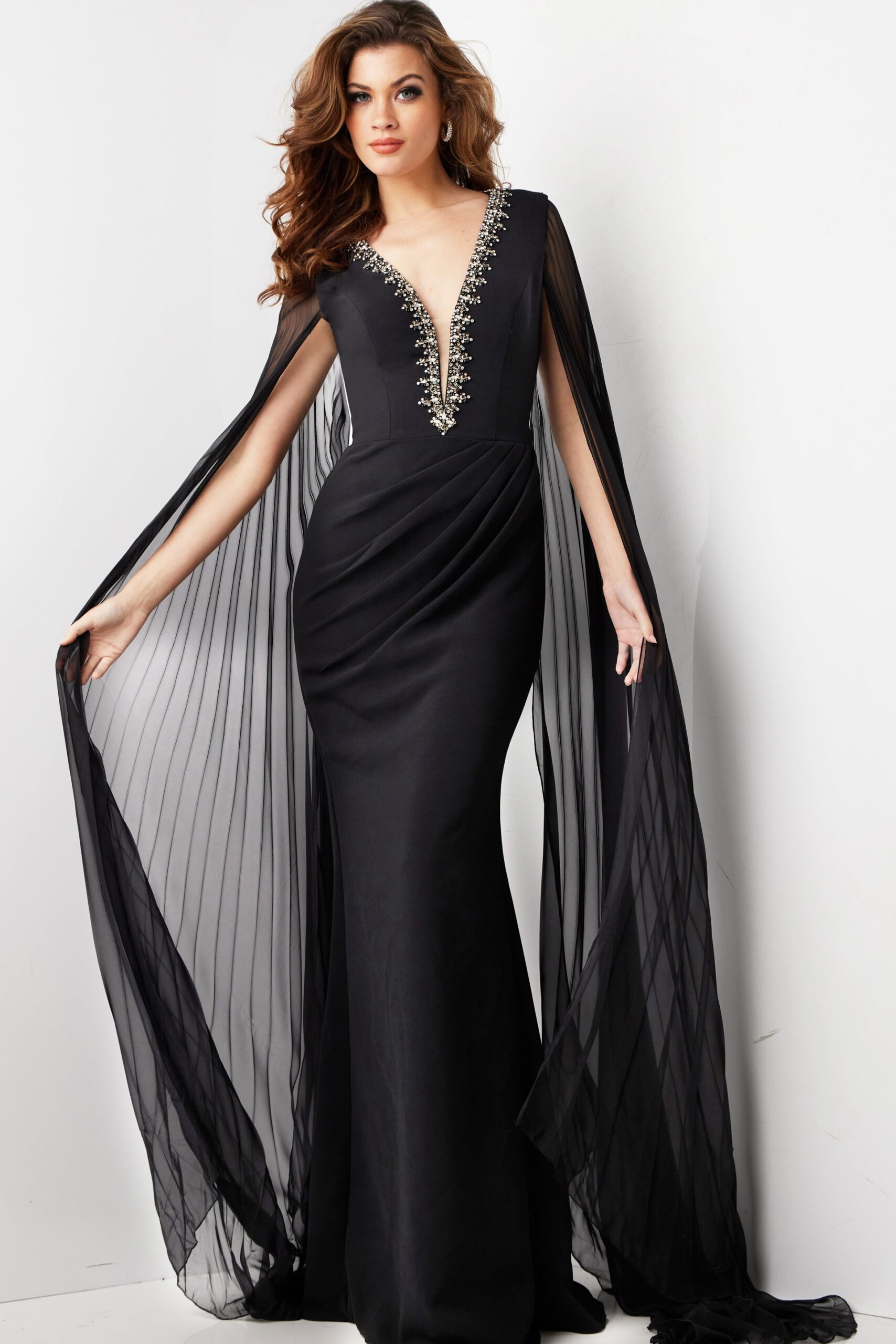 Black Low Embellished V Nek Sheath Gown 36473