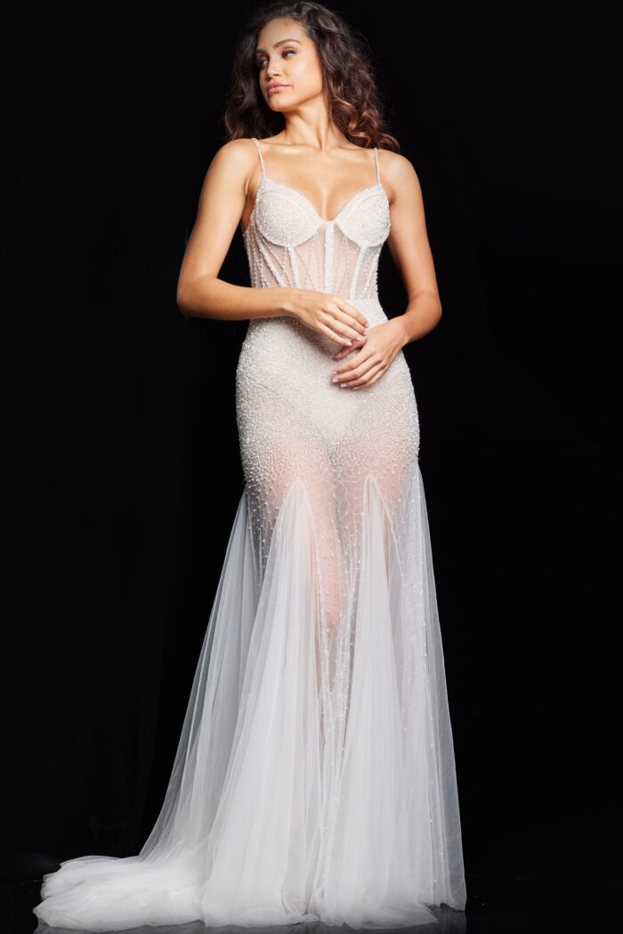 Model wearing Beaded Sheer Bodice White Dress 36511