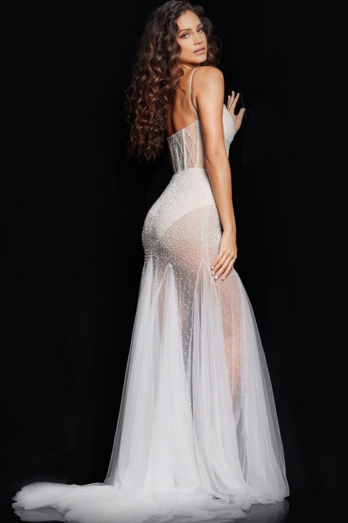 Model wearing Beaded Sheer Bodice White Dress 36511