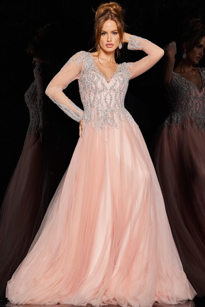 Model wearing Crystal Embellished Blush Ballgown 36533