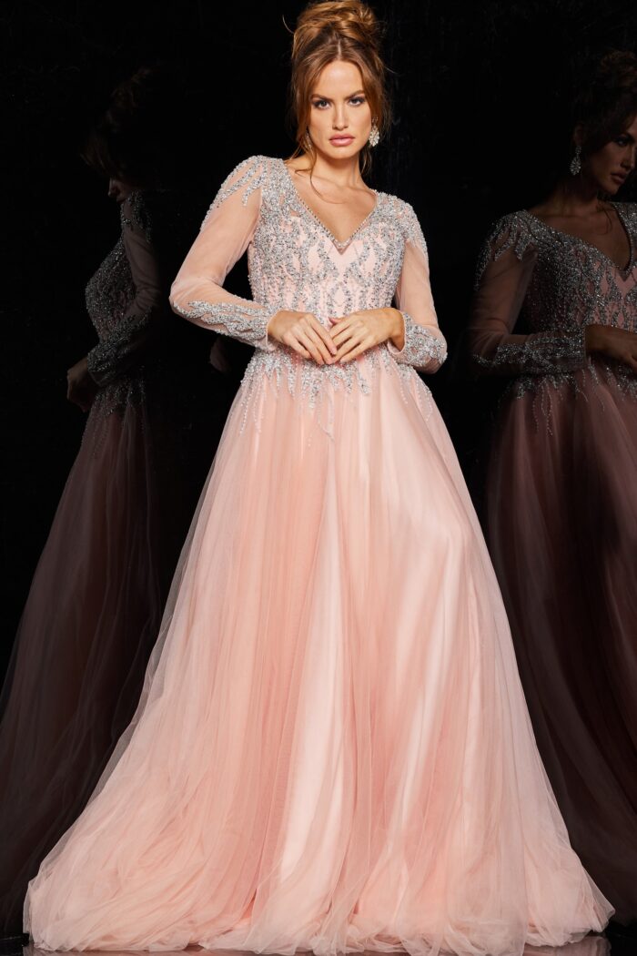 Model wearing Crystal Embellished Blush Ballgown 36533