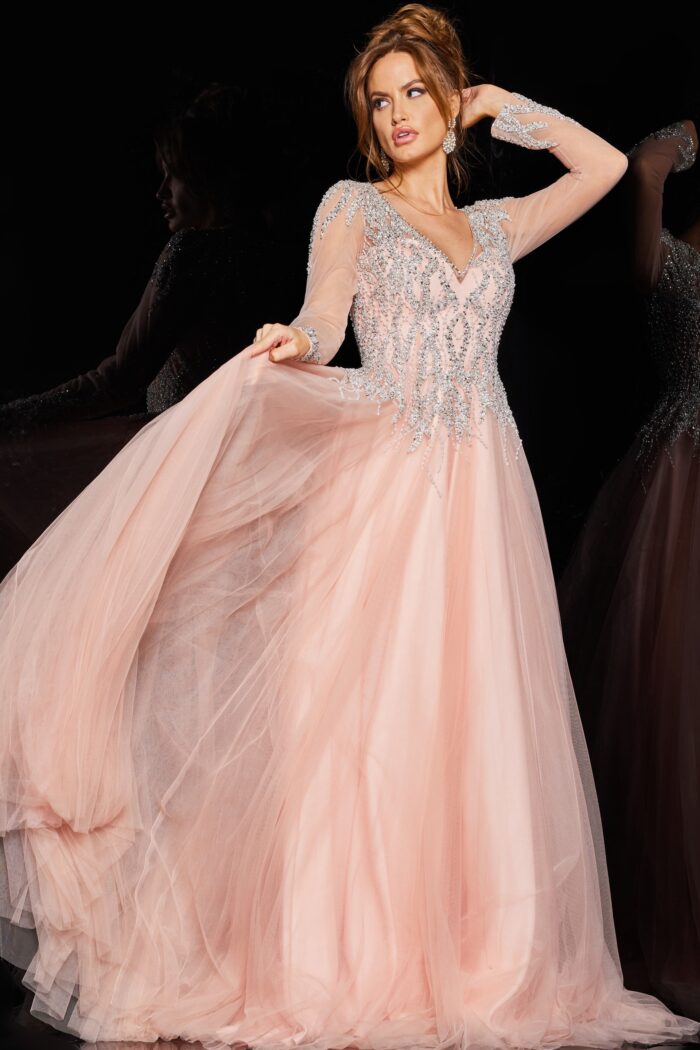 Model wearing Crystal Embellished Blush Ballgown 36533