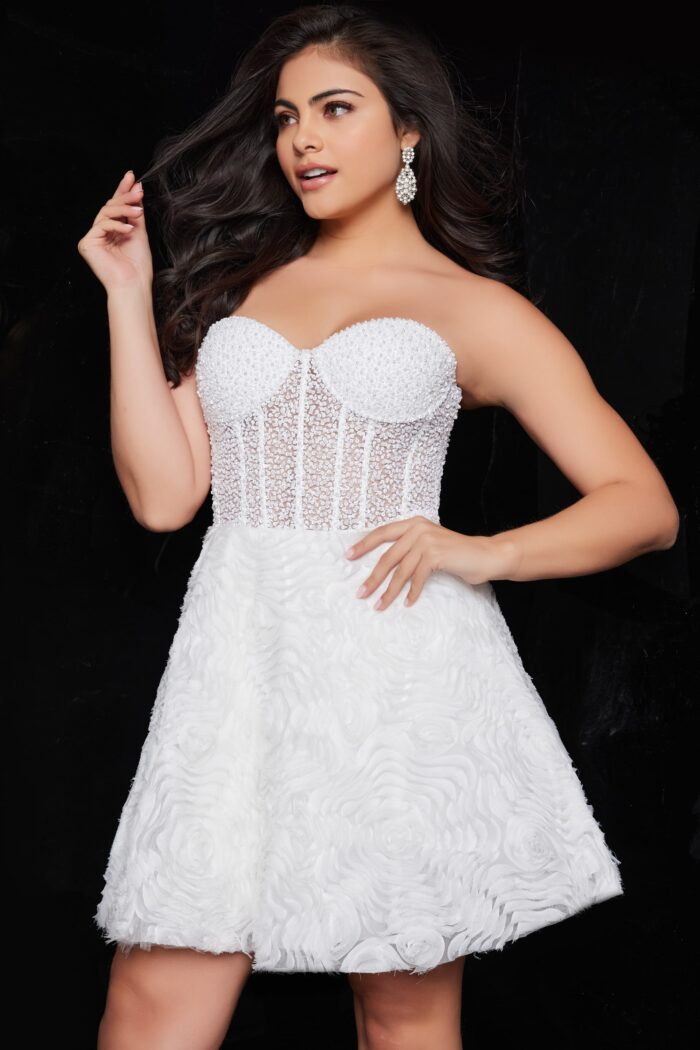 Model wearing Jovani 36578 White Strapless Sweetheart Neck Short Dress