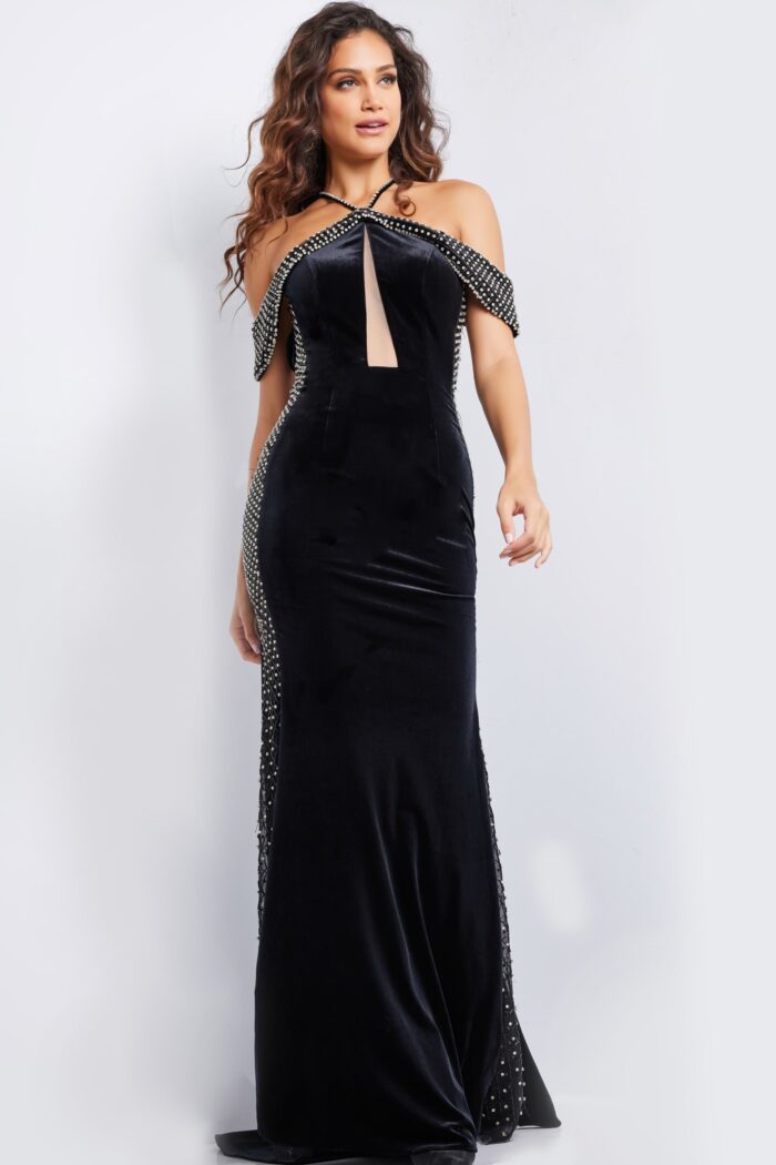Model wearing Black Velvet Embellished Gown 36587