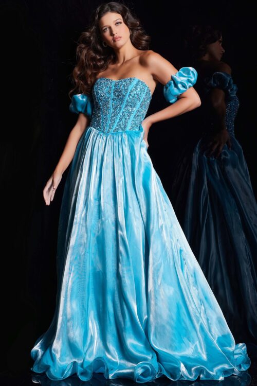 Model wearing Aqua Fit and Flare Beaded Dress 36591