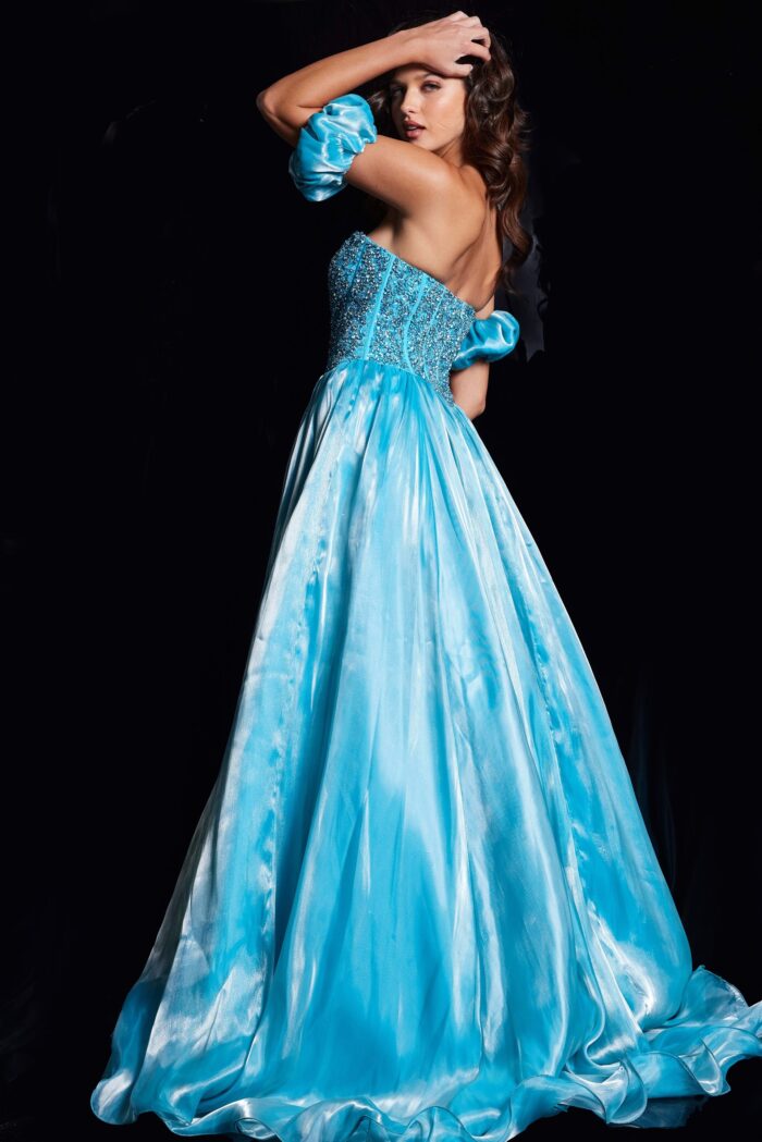 Model wearing Aqua Fit and Flare Beaded Dress 36591