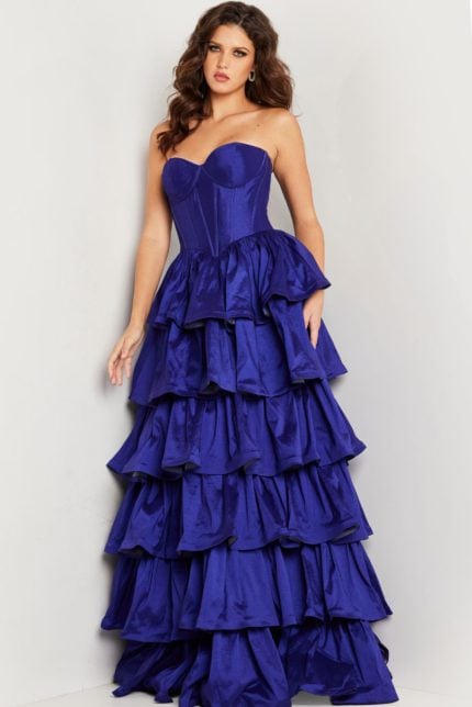 Model wearing Jovani 36619 purple ball gown, front view.