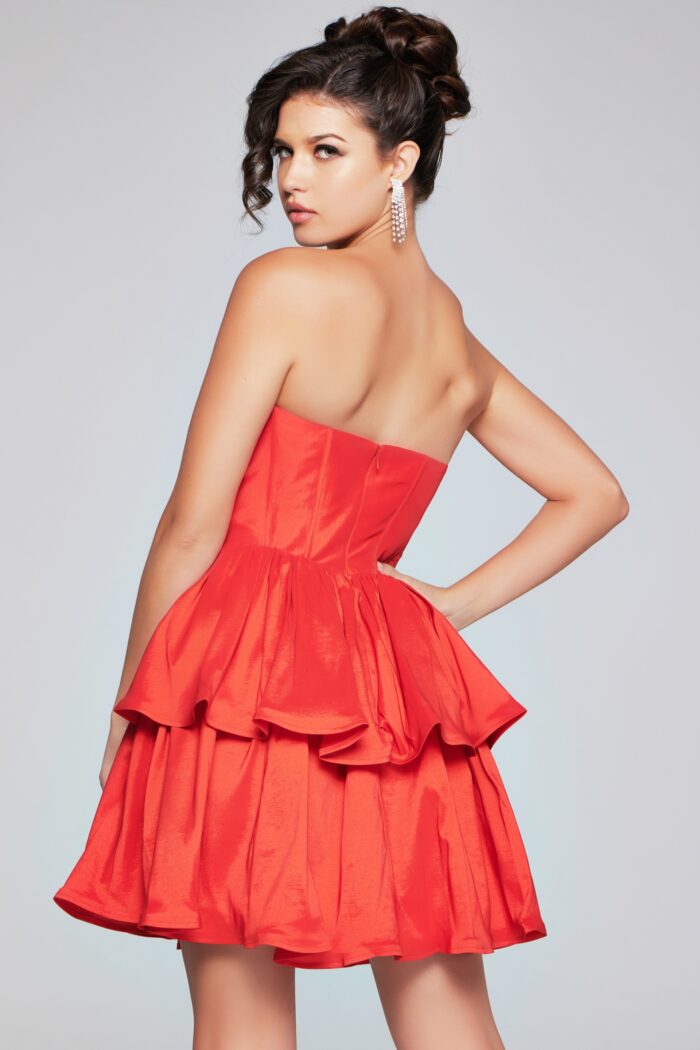 Model wearing Strapless Red Fit and Flare Mini Dress 36620