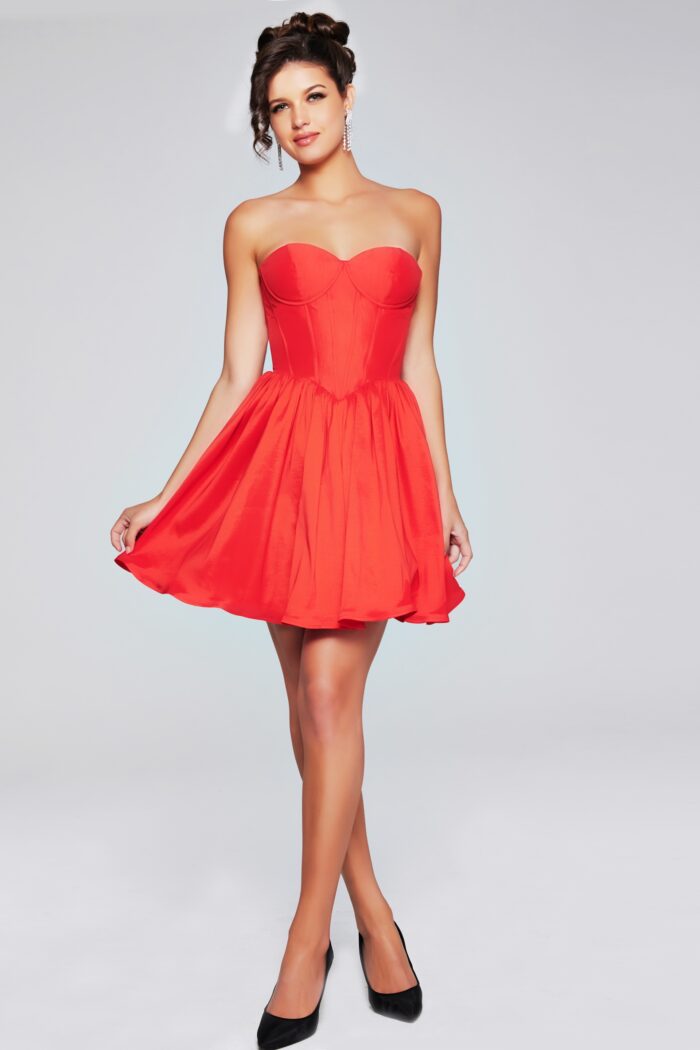 Model wearing Strapless Red Fit and Flare Mini Dress 36620