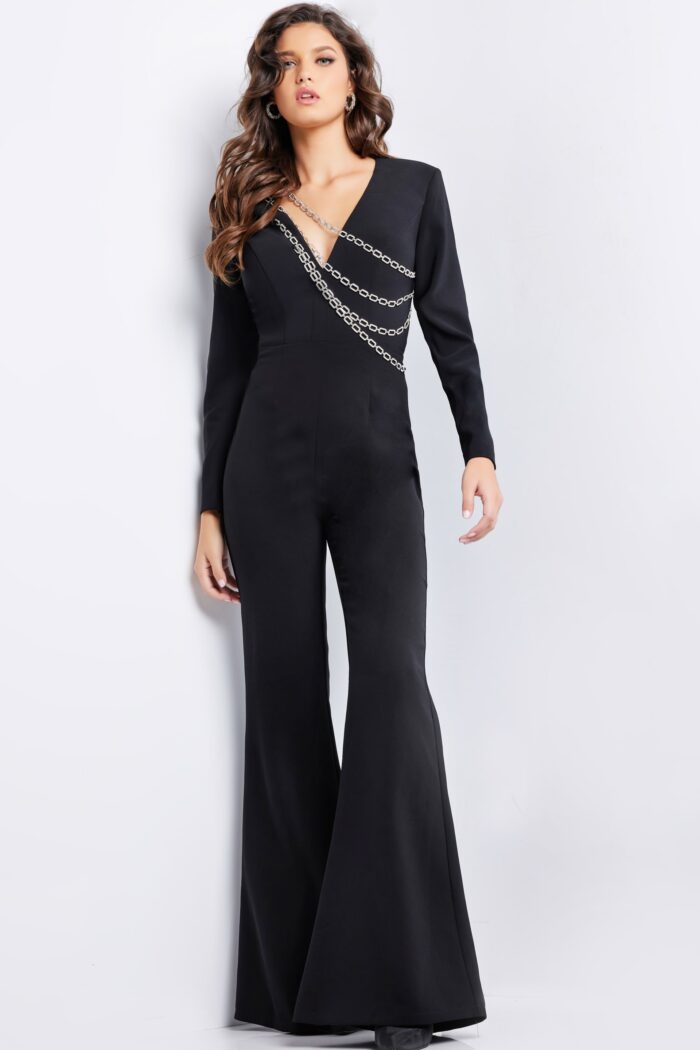 Model wearing Black Long Sleeve Embellished Jumpsuit 36624