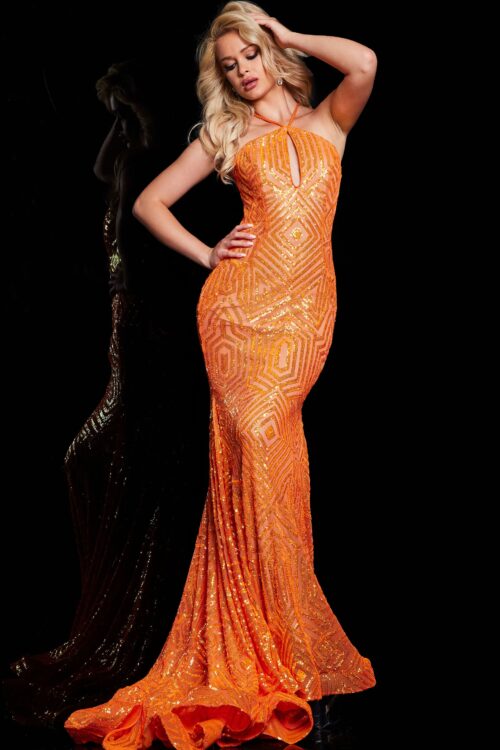 Model wearing Halter Neck Orange Embellished Dress 36640