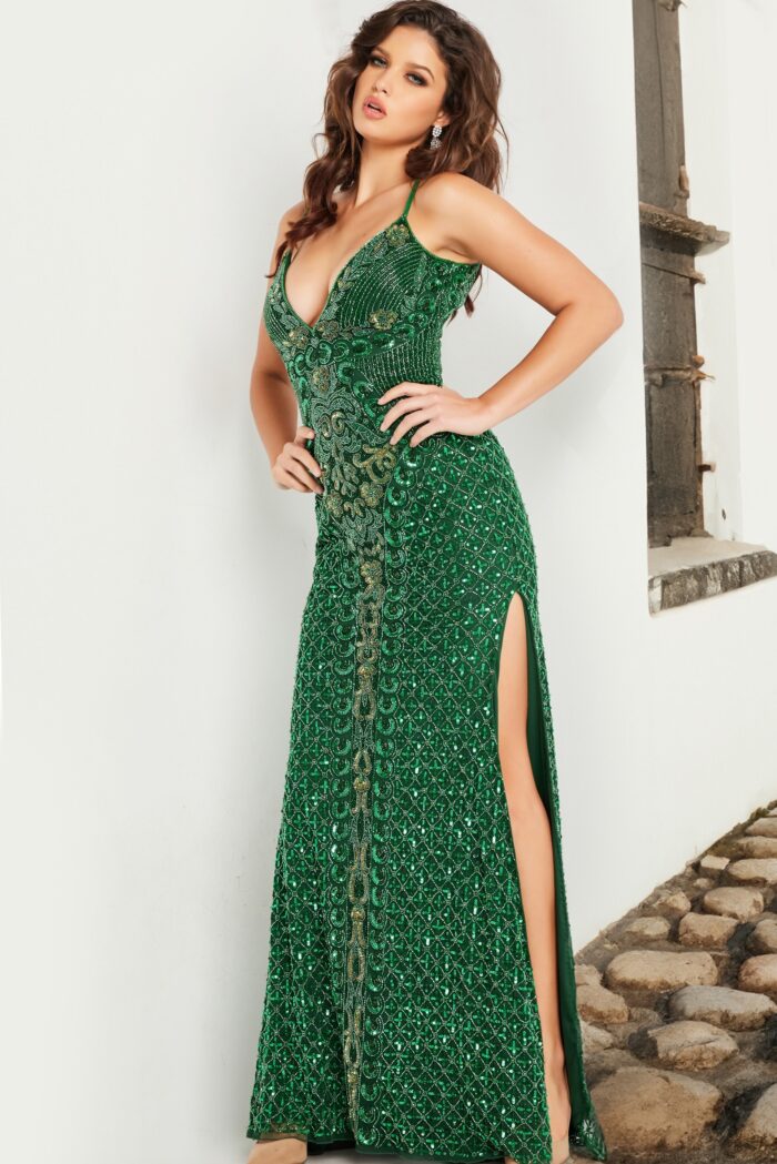 Model wearing Green Beaded V Neckline Dress 36643