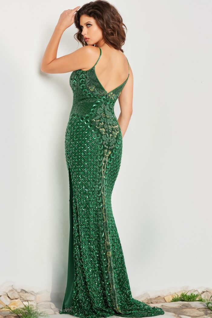 Model wearing Green Beaded V Neckline Dress 36643