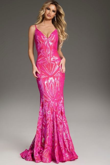 Model wearing Jovani 36656 pink gown with sequined mermaid silhouette and V-neckline.