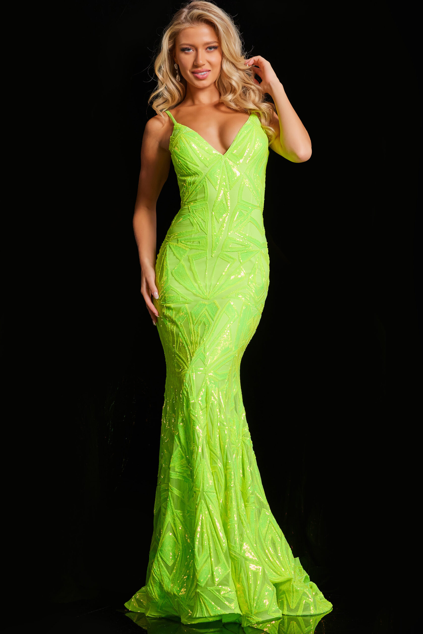 Neon Green Embellished Mermaid Dress 36656