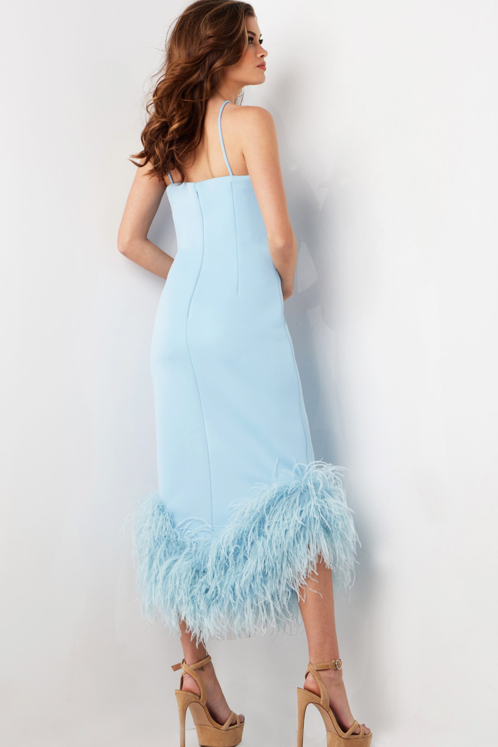 Light Blue Sleeveless Feather Hem Dress 36675