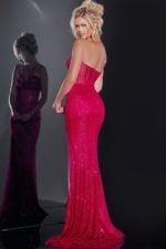 Back view of Jovani 36684 burgundy dress with shimmering texture