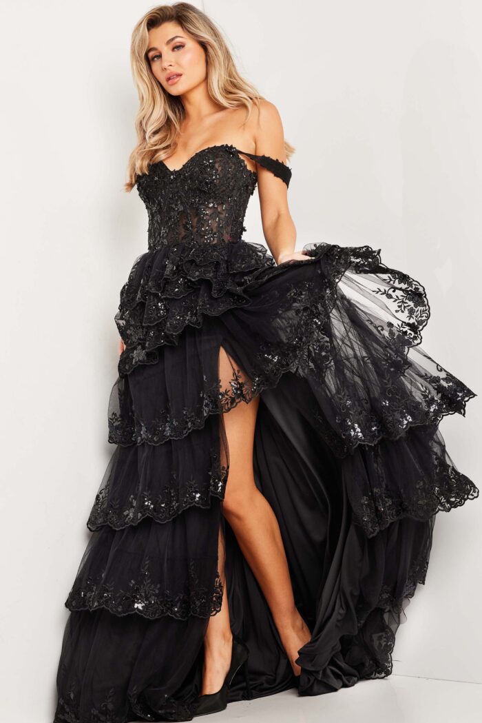 Model wearing Black Off the Shoulder Prom Dress 36687