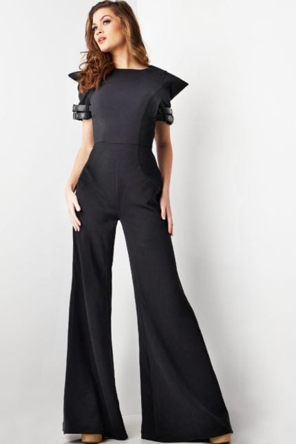 model wearing Jovani 36692 elegant black jumpsuit with structured sleeves and buckle details